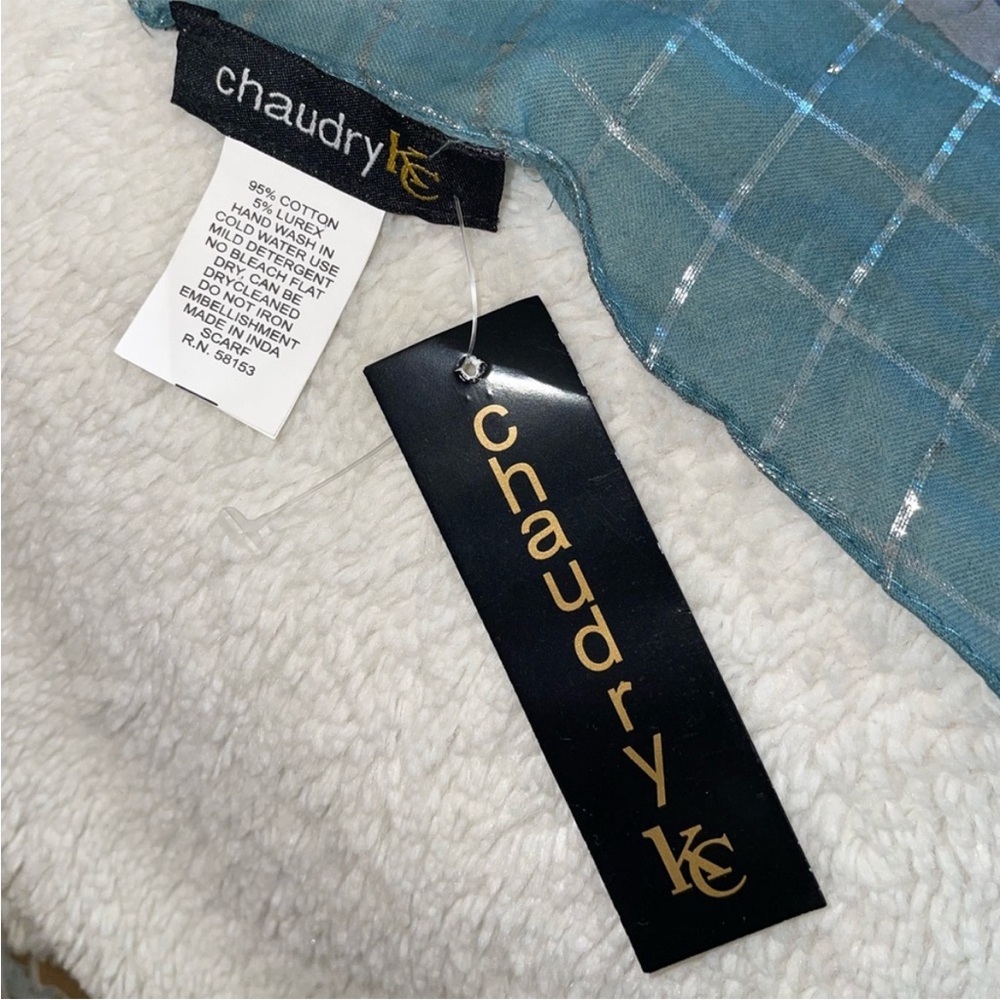 Chaudry Light Blue Patterned Floral Scarf with Silver Strands - Picture 4 of 4